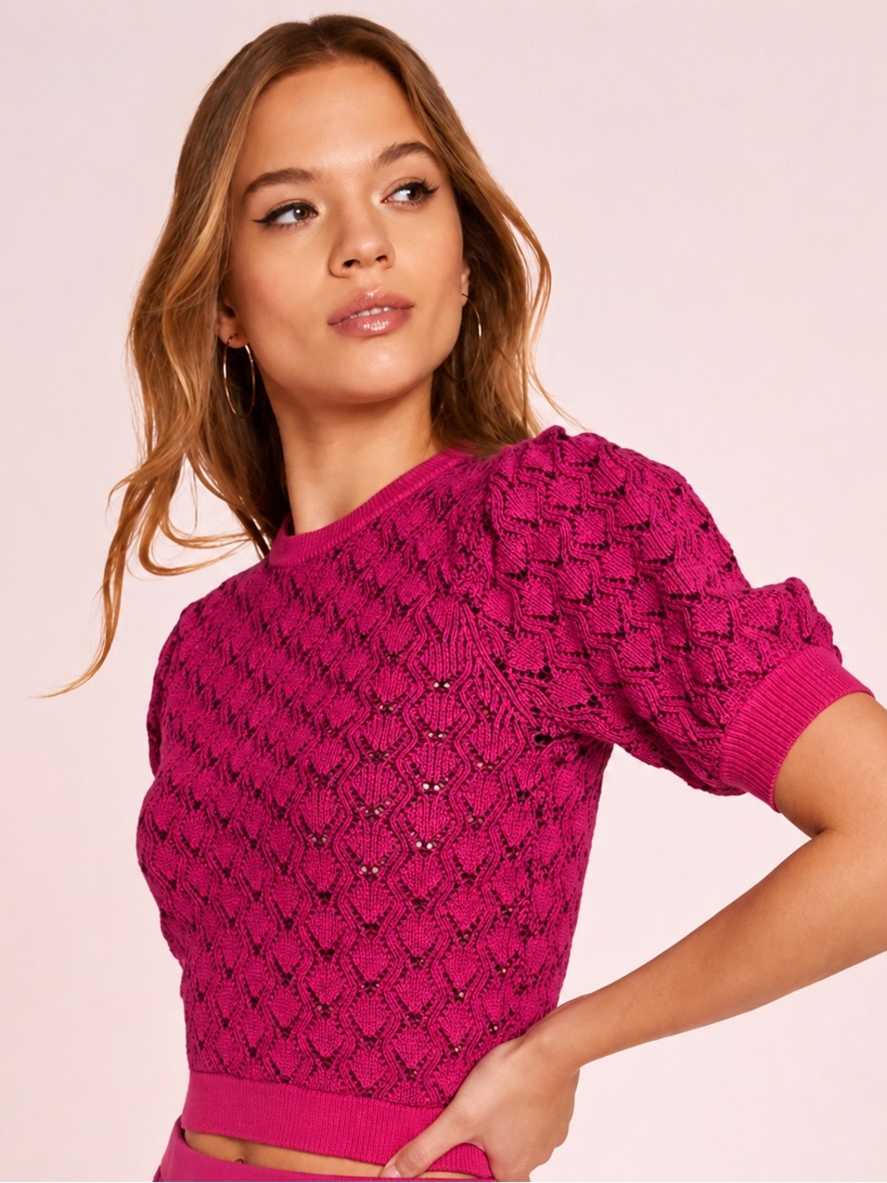 Amanda Uprichard Fuchsia Pointelle Knit Puff Sleeve Cropped Preppy Sweater XS